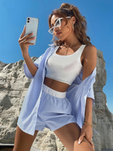 3pcs Solid Cami Top & Striped Print Shorts With Blouse SS24